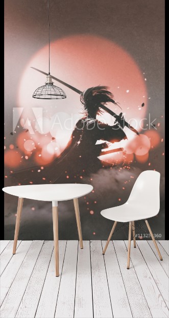 Bild på Samurai with sword standing on sunset backgroundillustration painting